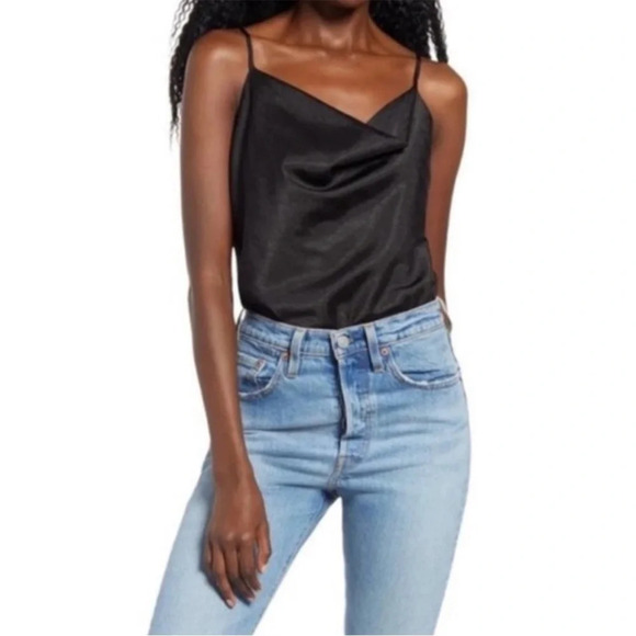 Wayf Tops - WAYF Black Spaghetti Strap Satin Cowl Neck Bodysuit